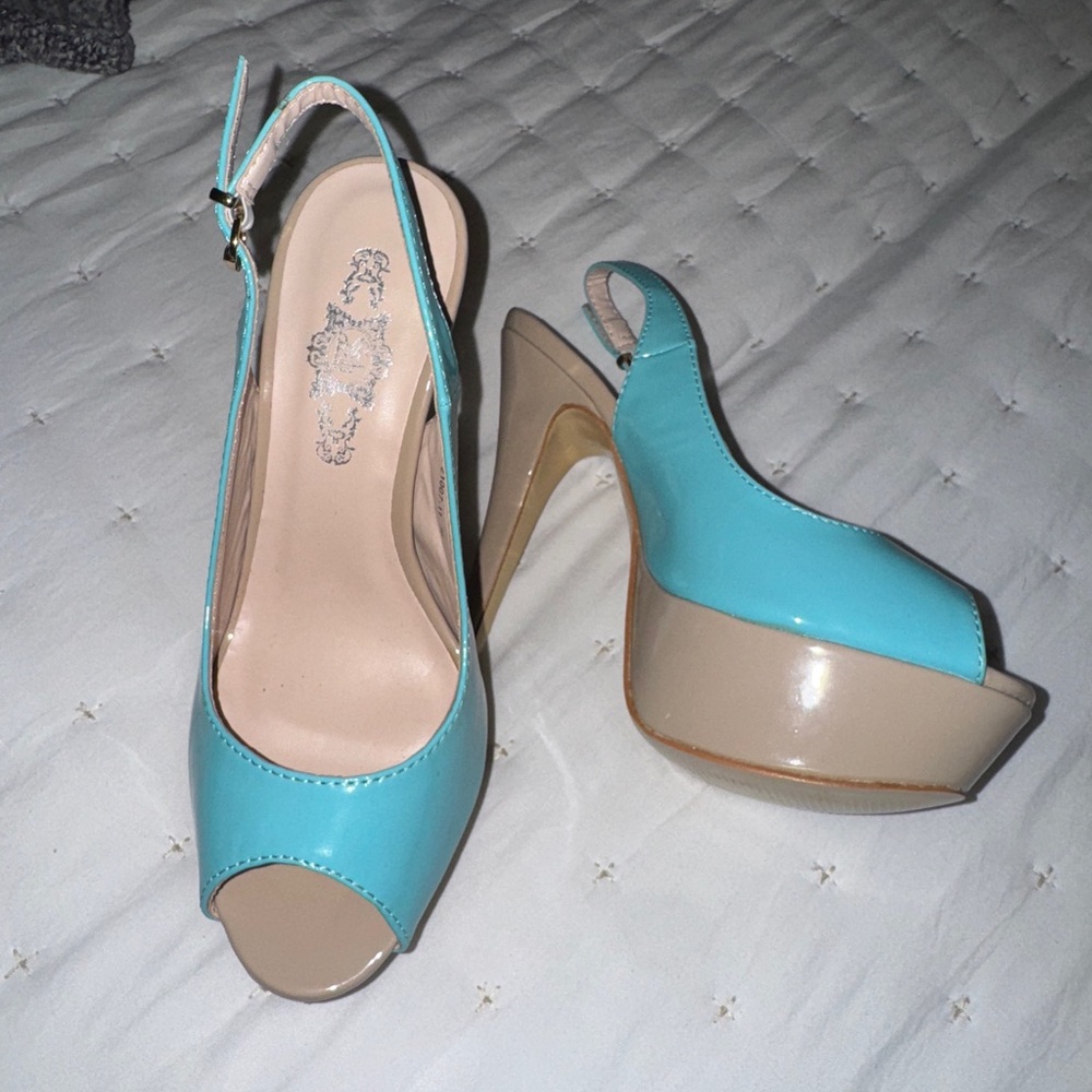 Elegant Blue and Beige Peep-Toe Slingback Heels
